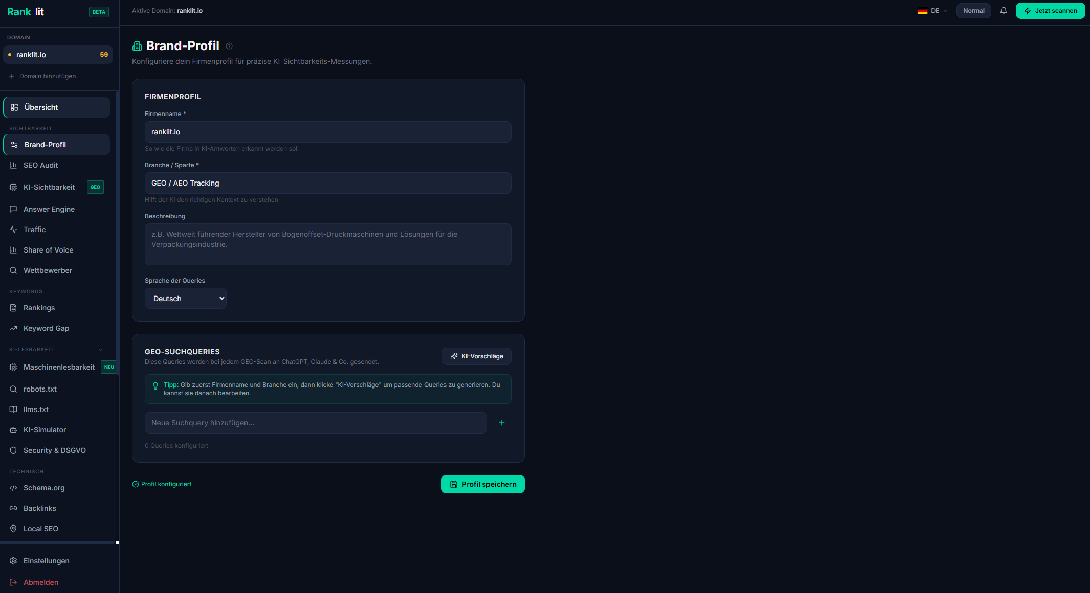 Ranklit dashboard — GEO Score, AI Citation Tracker and Advisor